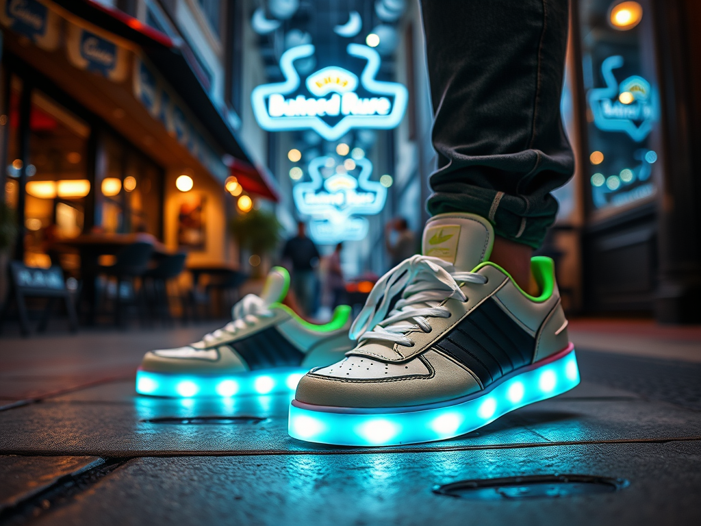 Verlichte sneakers met een groen accent in een stad met neonverlichting op de achtergrond.