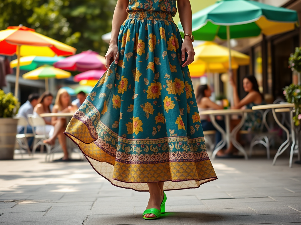 Een vrouw in een kleurrijke jurk loopt voorbij een café met parasols en vrienden die aan tafel zitten.