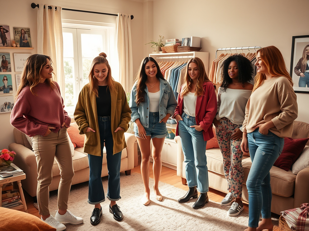 Zeven vrouwen staan in een stijlvolle woonkamer, lachend en gekleed in casual mode, genietend van elkaars gezelschap.