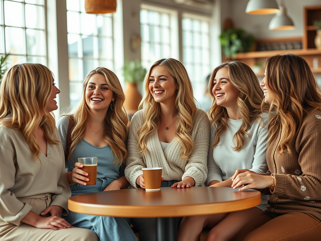 Vijf vrouwen zitten samen aan een tafel, lachen en genieten van hun drankjes in een sfeervolle ruimte.