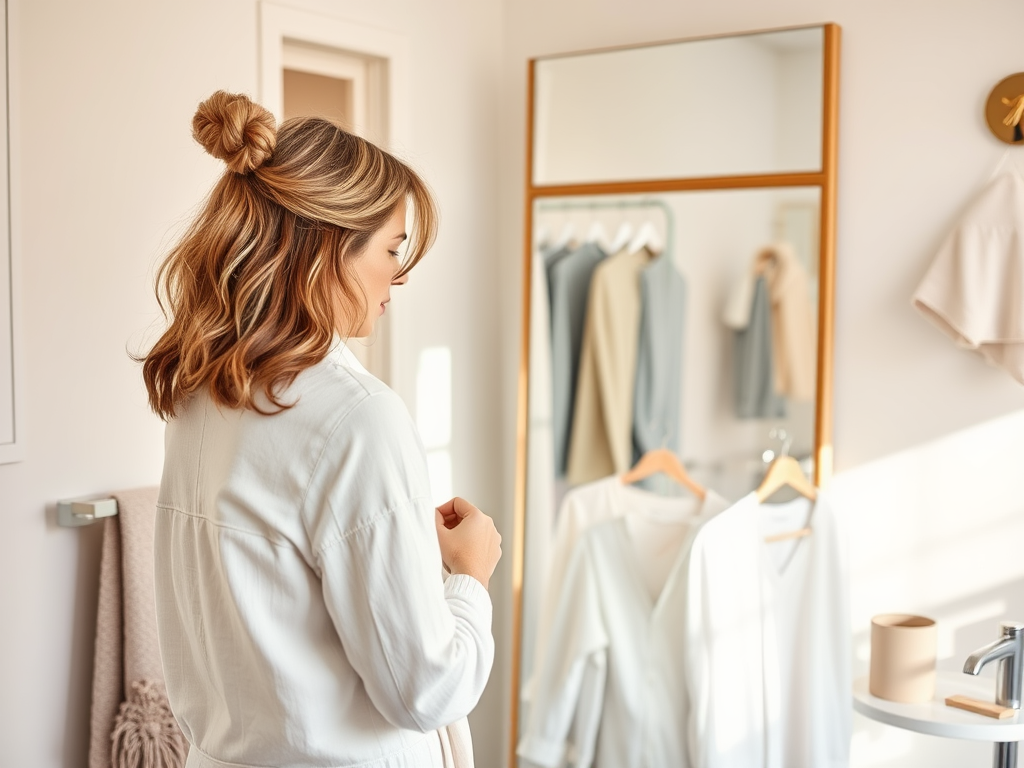 Een vrouw in een witte outfit kijkt in de spiegel, omringd door kleding en een lichte, stijlvolle ruimte.