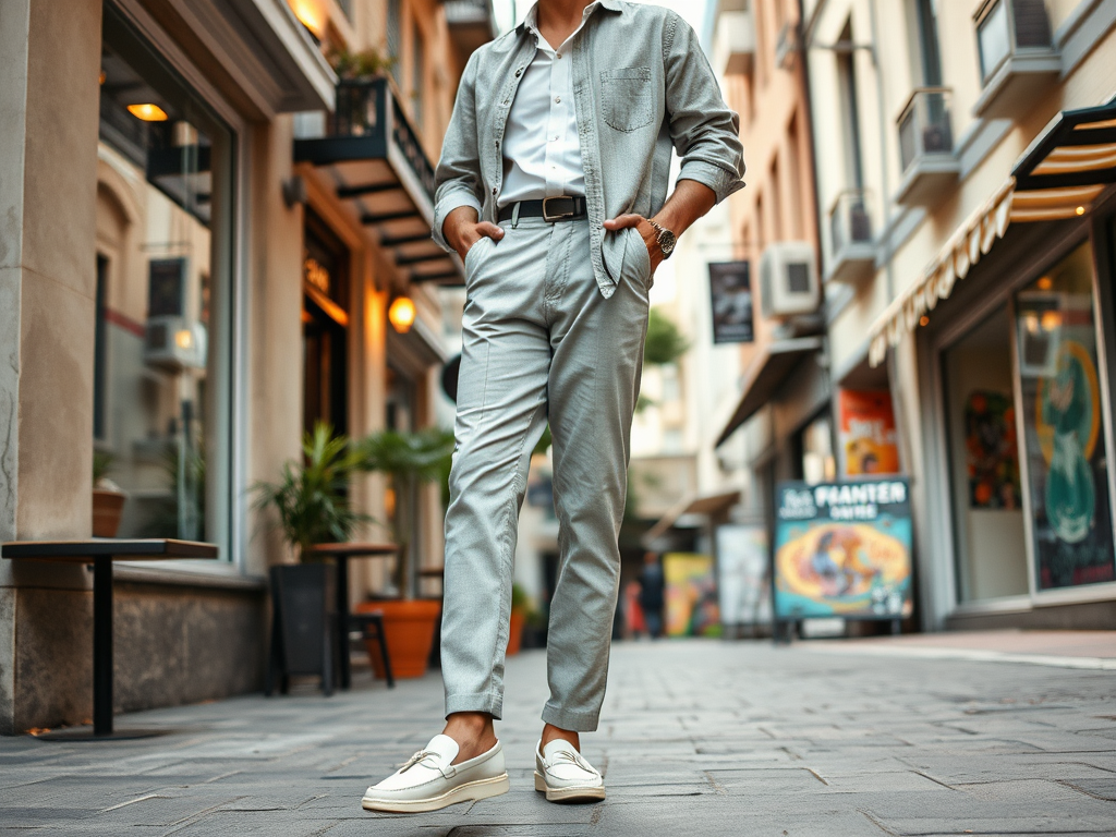 Een man in een stijlvolle, casual outfit loopt door een straat met winkels en cafés.
