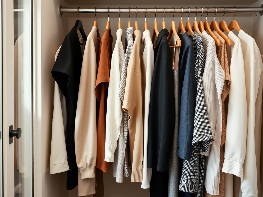 Een kledingkast met verschillende bovenkleding in neutrale kleuren, netjes opgehangen aan houten hangers.